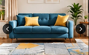Blue sofa with yellow accent cushions